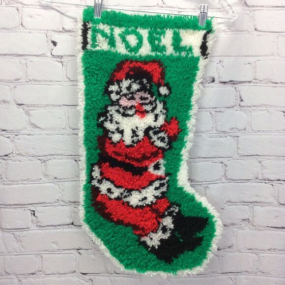 Vintage Christmas Santa Latch Hook Rug Stocking Wall Hanging Handmade 22”x12.5” - Picture 1 of 4